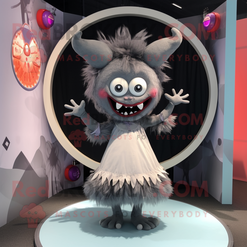 Gray Demon mascot costume character dressed with a Circle Skirt and Hairpins