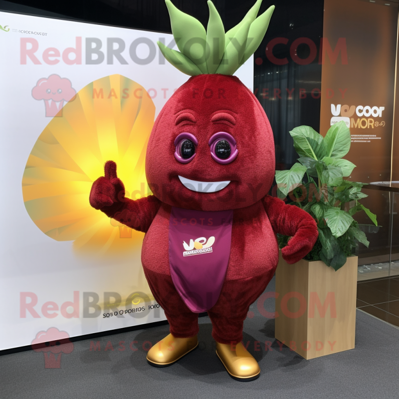 Maroon Mango mascot costume character dressed with a Jacket and Hairpins