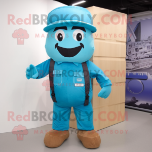 Cyan Candy Box mascot costume character dressed with a Cargo Pants and Beanies