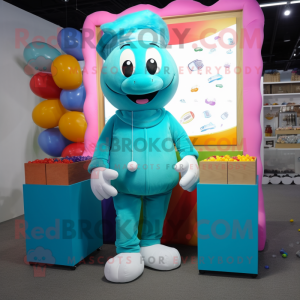 Cyan Candy Box mascot costume character dressed with a Cargo Pants and Beanies