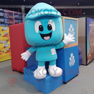 Cyan Candy Box mascot costume character dressed with a Cargo Pants and Beanies