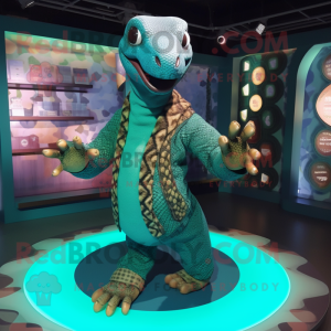 Teal Anaconda mascot costume character dressed with a Cardigan and Rings