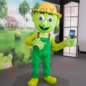 Lime Green Scarecrow mascot costume character dressed with a Overalls and Smartwatches