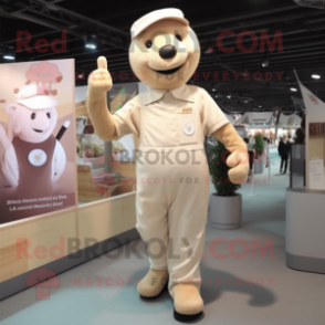 Beige Ice Cream mascot costume character dressed with a Dungarees and Foot pads
