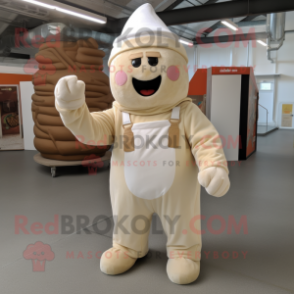 Beige Ice Cream mascot costume character dressed with a Dungarees and Foot pads