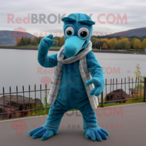 Teal Loch Ness Monster mascot costume character dressed with a Chambray Shirt and Gloves