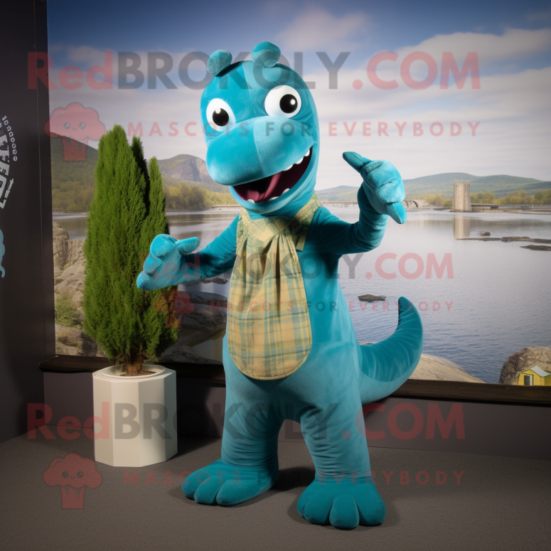 Teal Loch Ness Monster mascot costume character dressed with a Chambray Shirt and Gloves