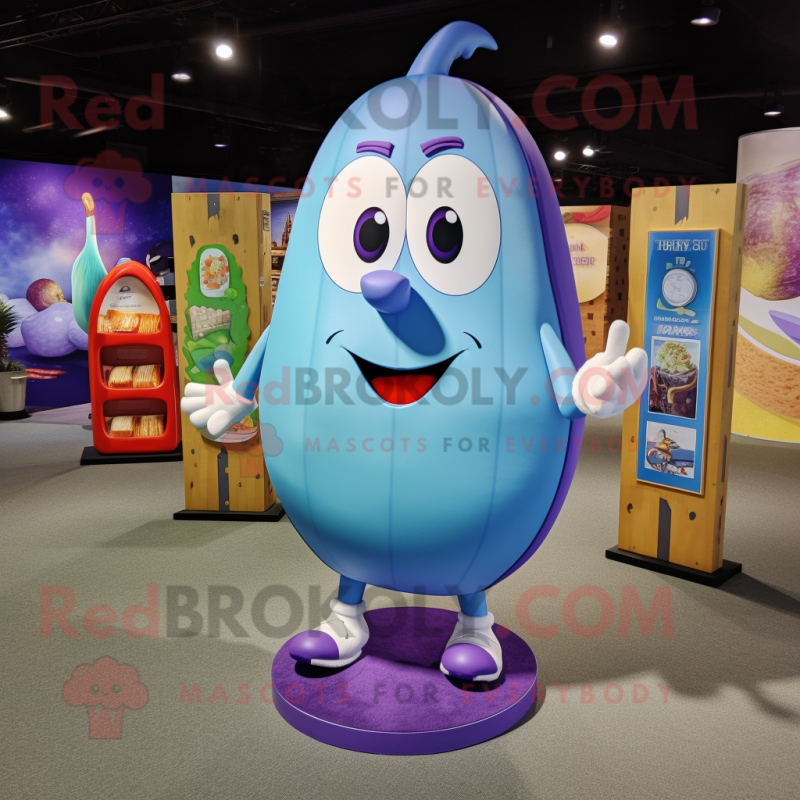 Sky Blue Eggplant mascot costume character dressed with a Board Shorts and Coin purses