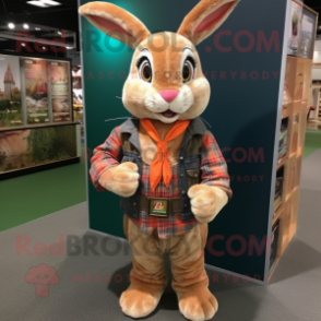 Peach Wild Rabbit mascot costume character dressed with a Flannel Shirt and Rings