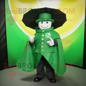 Green Ring Master mascot costume character dressed with a Raincoat and Briefcases