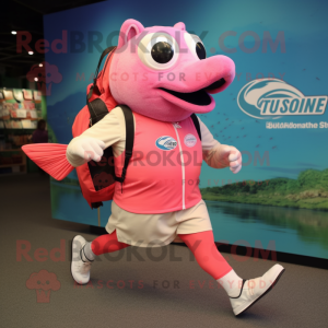 Cyan Salmon mascot costume character dressed with a Capri Pants and  Suspenders - Mascot Costumes -  Sizes L (175-180CM)