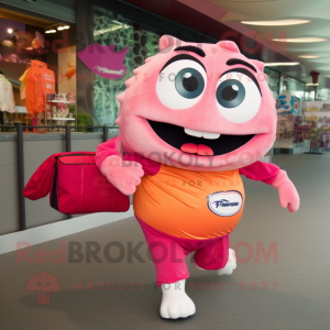 Maroon Salmon mascot costume character dressed with a Capri Pants and Tie  pins