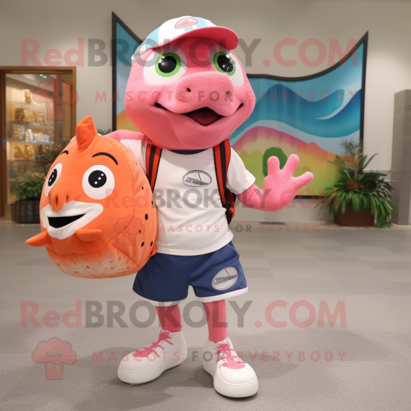 Pink Salmon mascot costume character dressed with a Running Shorts and Tote  bags - Mascot Costumes -  Sizes L (175-180CM)