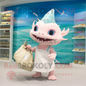 Cream Axolotls mascot costume character dressed with a Bikini and Tote bags