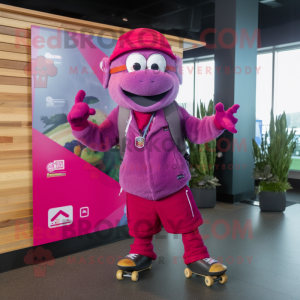 Magenta Skateboard mascot costume character dressed with a Bomber Jacket and Scarves