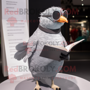 Gray Pigeon mascot costume character dressed with a Bodysuit and Reading glasses