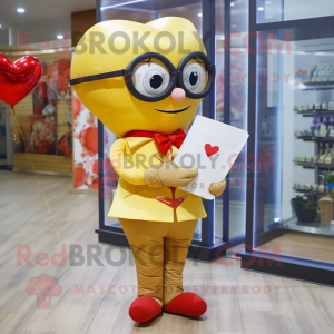 Gold Love Letter mascot costume character dressed with a Oxford Shirt and Bow ties