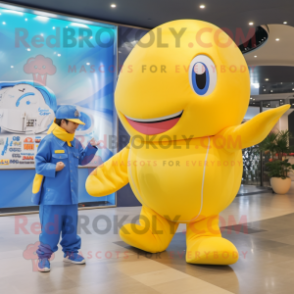 Lemon Yellow Blue Whale mascot costume character dressed with a Jumpsuit and Watches