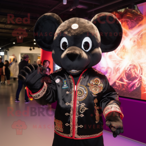 Black Pad Thai mascot costume character dressed with a Bomber Jacket and Brooches