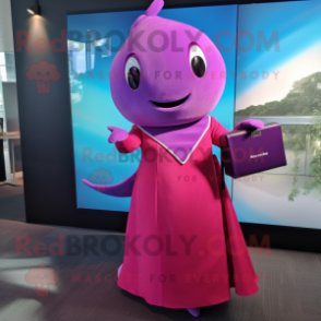 Magenta Narwhal mascot costume character dressed with a Evening Gown and Briefcases