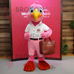 Pink Woodpecker mascot costume character dressed with a Polo Tee and Pocket squares