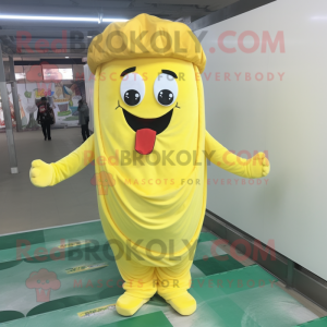 Lemon Yellow Lasagna mascot costume character dressed with a Jumpsuit and Shoe laces