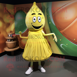 Lemon Yellow Onion mascot costume character dressed with a Empire Waist Dress and Shoe laces