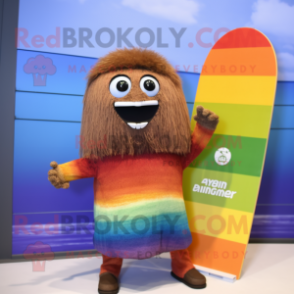 Rust Rainbow mascot costume character dressed with a Board Shorts and Hairpins