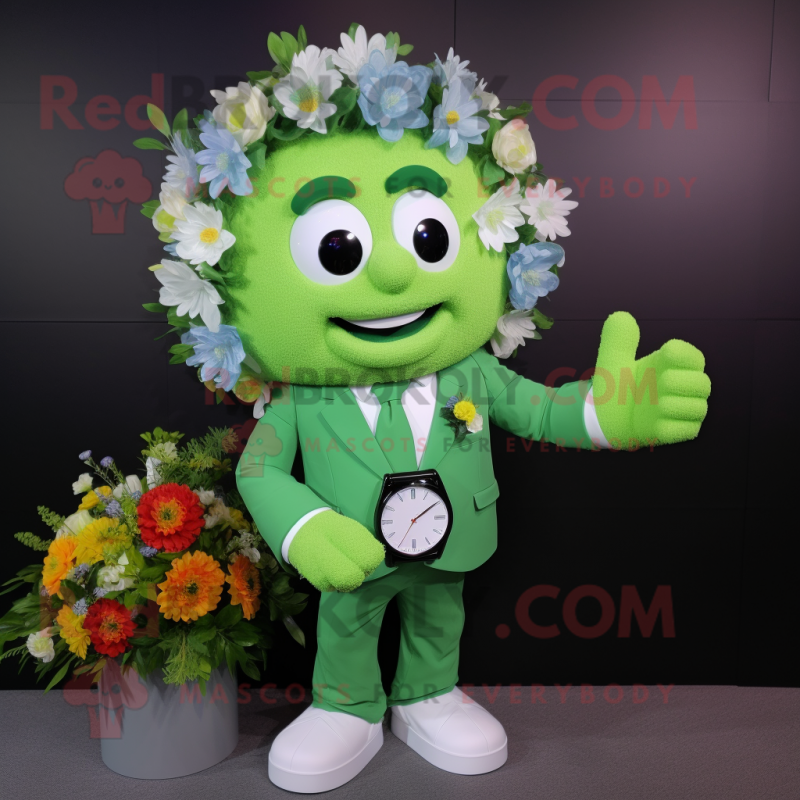 Green Bouquet Of Flowers mascot costume character dressed with a Suit and Smartwatches