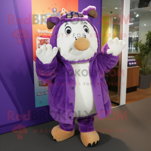 Lavender Beef Wellington mascot costume character dressed with a Bomber Jacket and Scarves