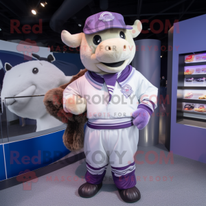 Lavender Beef Wellington mascot costume character dressed with a Bomber Jacket and Scarves