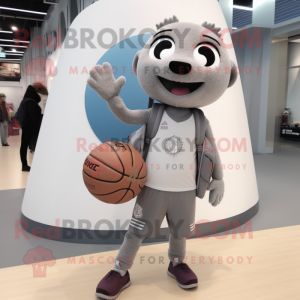 Gray Basketball Ball mascot costume character dressed with a Cardigan and Messenger bags