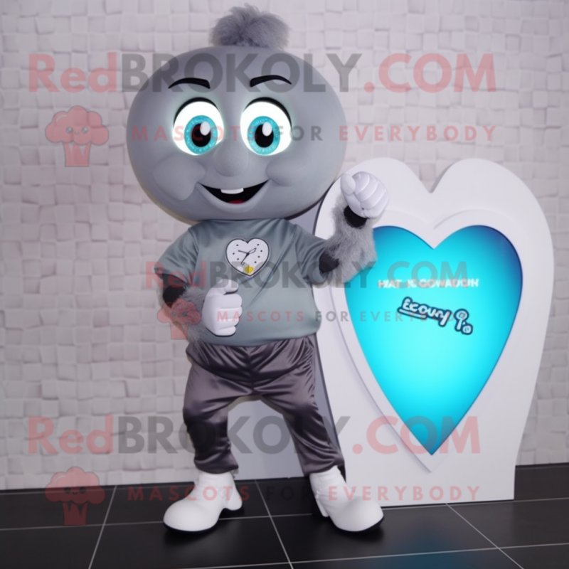 Gray Heart mascot costume character dressed with a T-Shirt and Digital watches