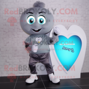 Gray Heart mascot costume character dressed with a T-Shirt and Digital watches