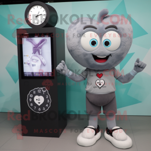 Gray Heart mascot costume character dressed with a T-Shirt and Digital watches