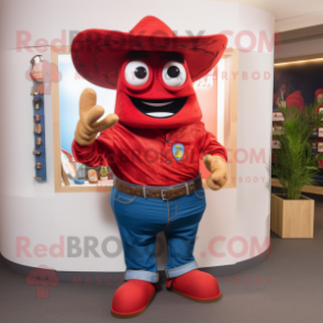 Red Fajitas mascot costume character dressed with a Denim Shorts and Cufflinks