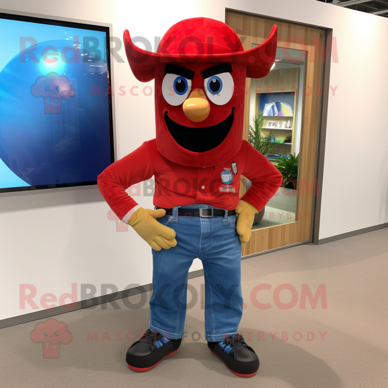 Red Fajitas mascot costume character dressed with a Denim Shorts and Cufflinks