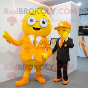 Lemon Yellow Orange mascot costume character dressed with a Suit Jacket and Watches