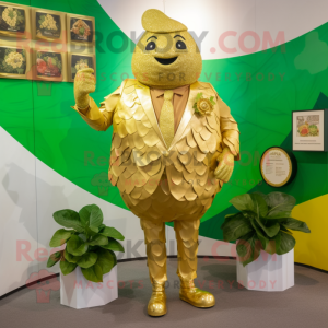 Gold Cabbage Leaf mascot costume character dressed with a Blazer and Coin purses