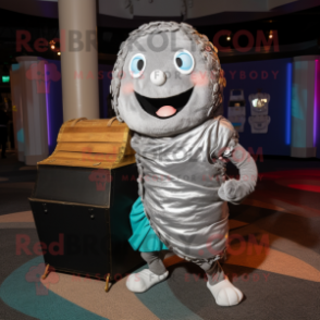 Silver Treasure Chest mascot costume character dressed with a Yoga Pants and Scarves