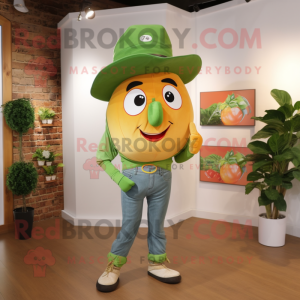 Olive Grapefruit mascot costume character dressed with a Bootcut Jeans and Bracelet watches