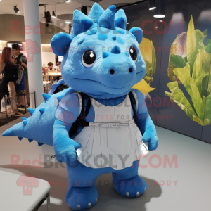 Blue Ankylosaurus mascot costume character dressed with a Blouse and Backpacks