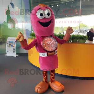 Pink Currywurst mascot costume character dressed with a Playsuit and Bracelet watches