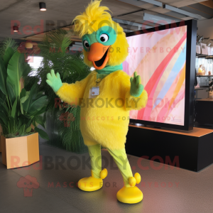 Lemon Yellow Flamingo mascot costume character dressed with a Jumpsuit and Earrings