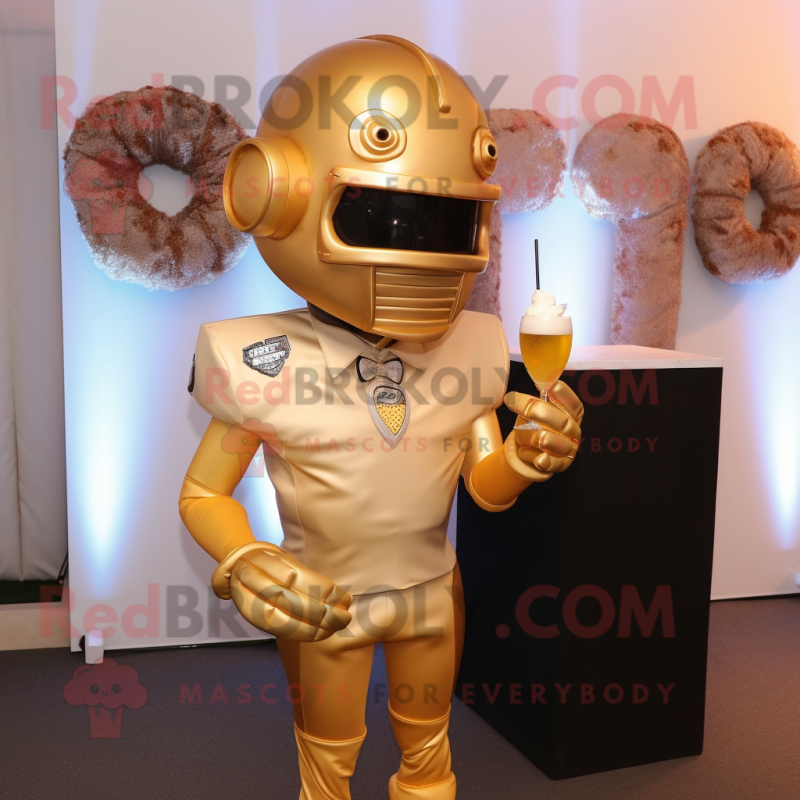 Gold American Football Helmet mascot costume character dressed with a Cocktail Dress and Tie pins