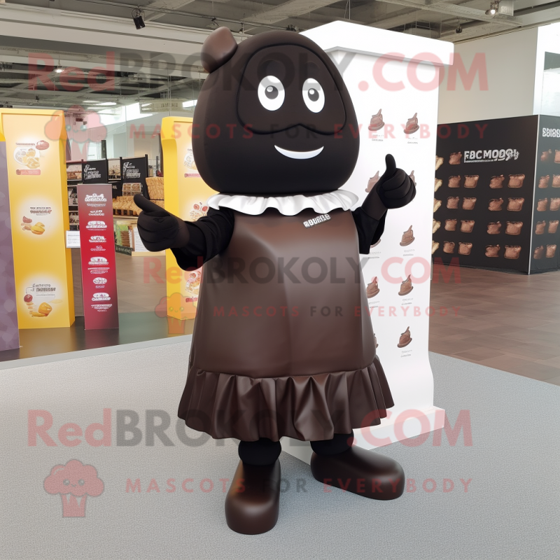 Black Chocolate Bar mascot costume character dressed with a A-Line Dress and Foot pads