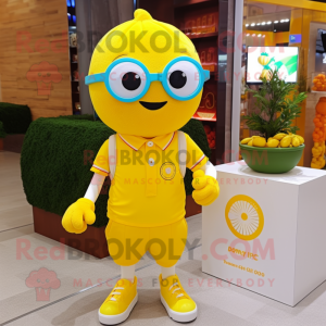 Yellow Raspberry mascot costume character dressed with a Polo Tee and Eyeglasses