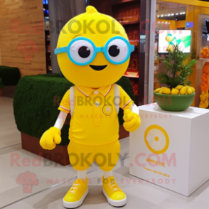Yellow Raspberry mascot costume character dressed with a Polo Tee and Eyeglasses