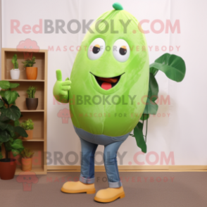 Green Mango mascot costume character dressed with a Bootcut Jeans and Shoe laces