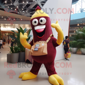 Maroon Banana mascot costume character dressed with a Playsuit and Wallets